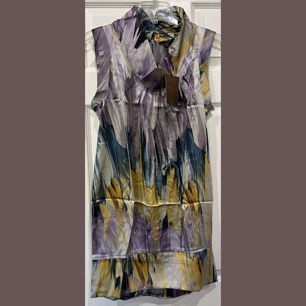 $245 NWT TED BAKER LONDON VIVIE COWL NECK PLUMAGE PRINT DRESS SIZE: 3 TB / 8 US